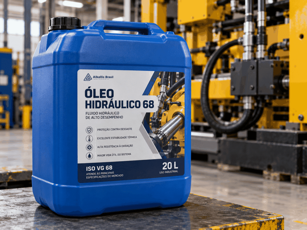 Bombona azul de óleo hidráulico 68, identificada como 20 litros, diante de um equipamento hidráulico industrial.