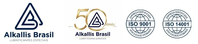 Logotipo da Alkallis Brasil, marca de 50 anos e selos ISO 9001 e ISO 14001