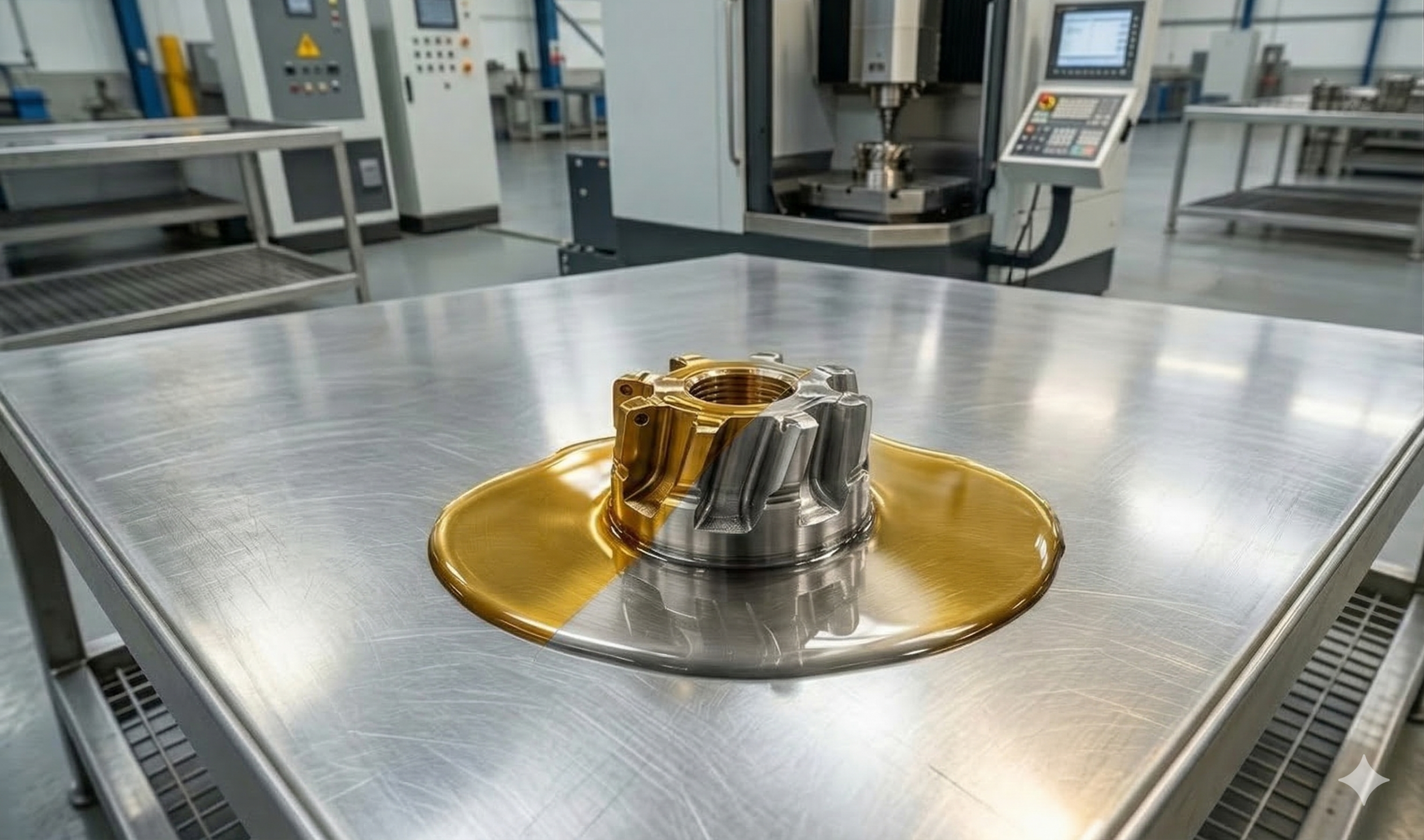 Tubos e engrenagens industriais sobre bancada metálica demonstrando o contraste entre a superfície seca e a proteção com óleo protetivo Alkallis.