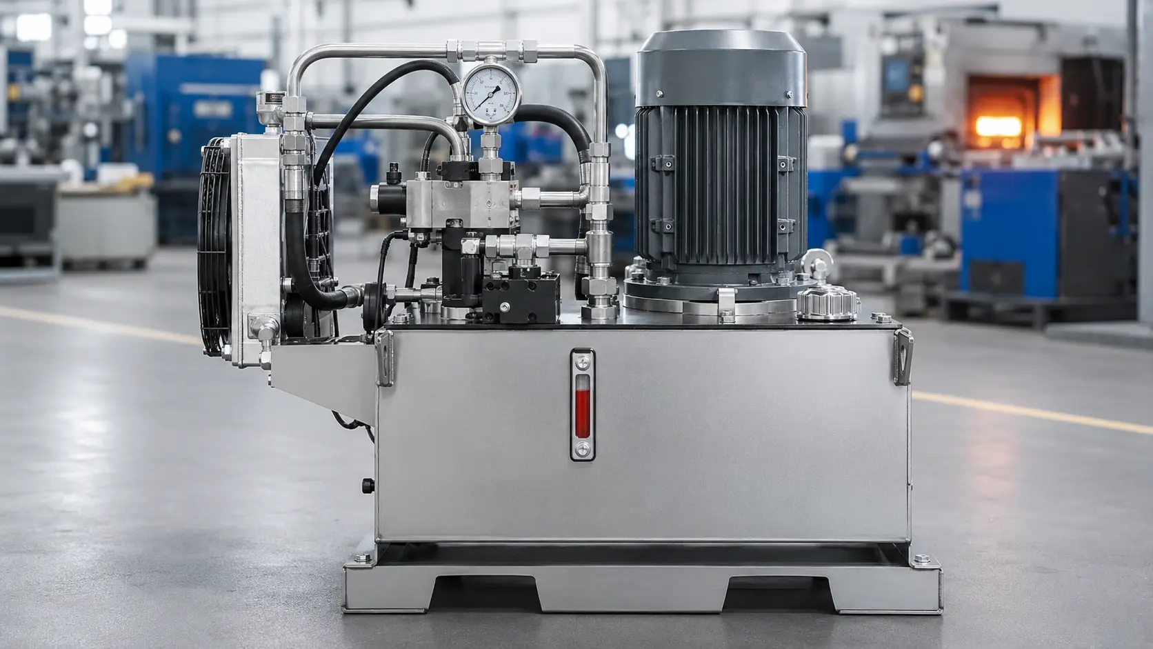 Unidade hidráulica industrial com fluido resistente ao fogo em área de alta temperatura.