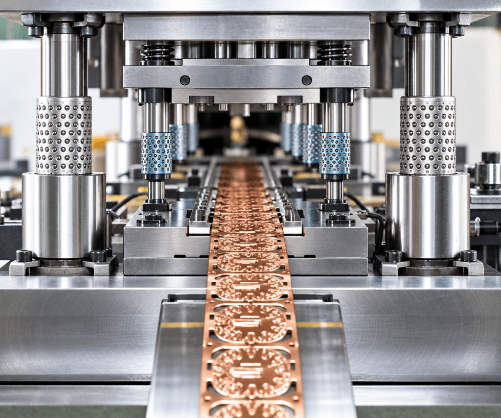 Processo industrial de estampagem de chapas metálicas com aplicação de óleo evaporativo.