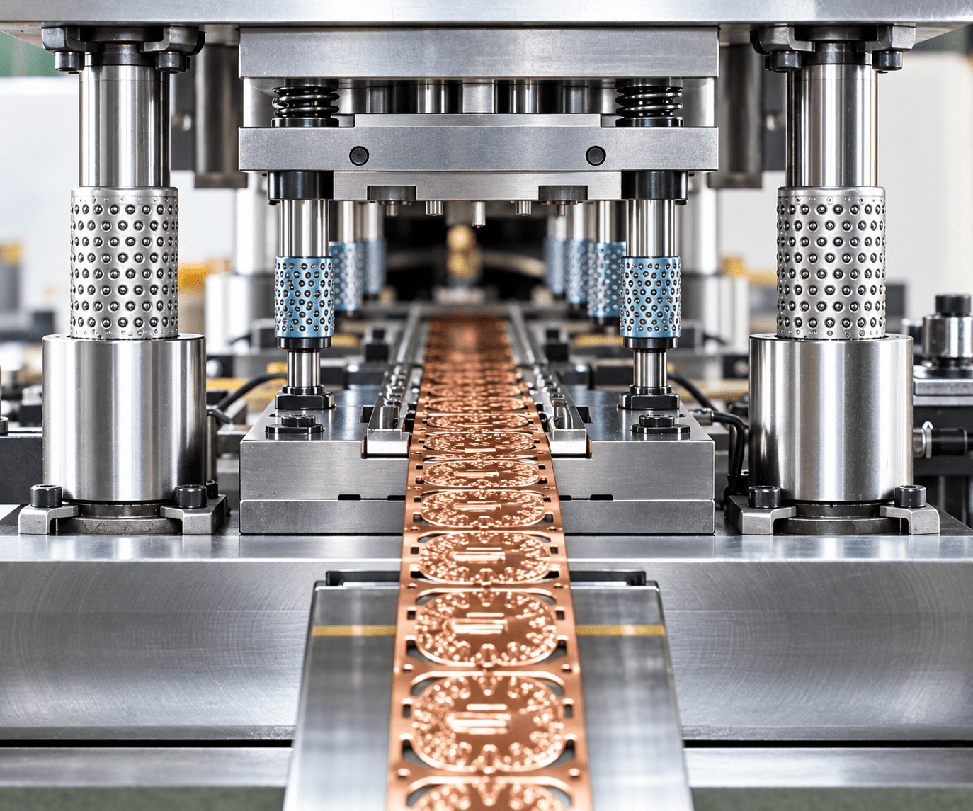 Processo industrial de estampagem de chapas metálicas com aplicação de óleo evaporativo.